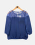 Navy Blue Lace Yoke Blouse with 3/4 Sleeves